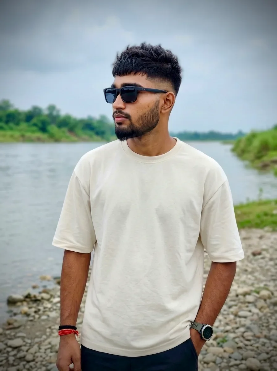 Candid Male Riverside Portrait in Off-White Oversized T-Shirt & Sunglasses Prompt preview example result