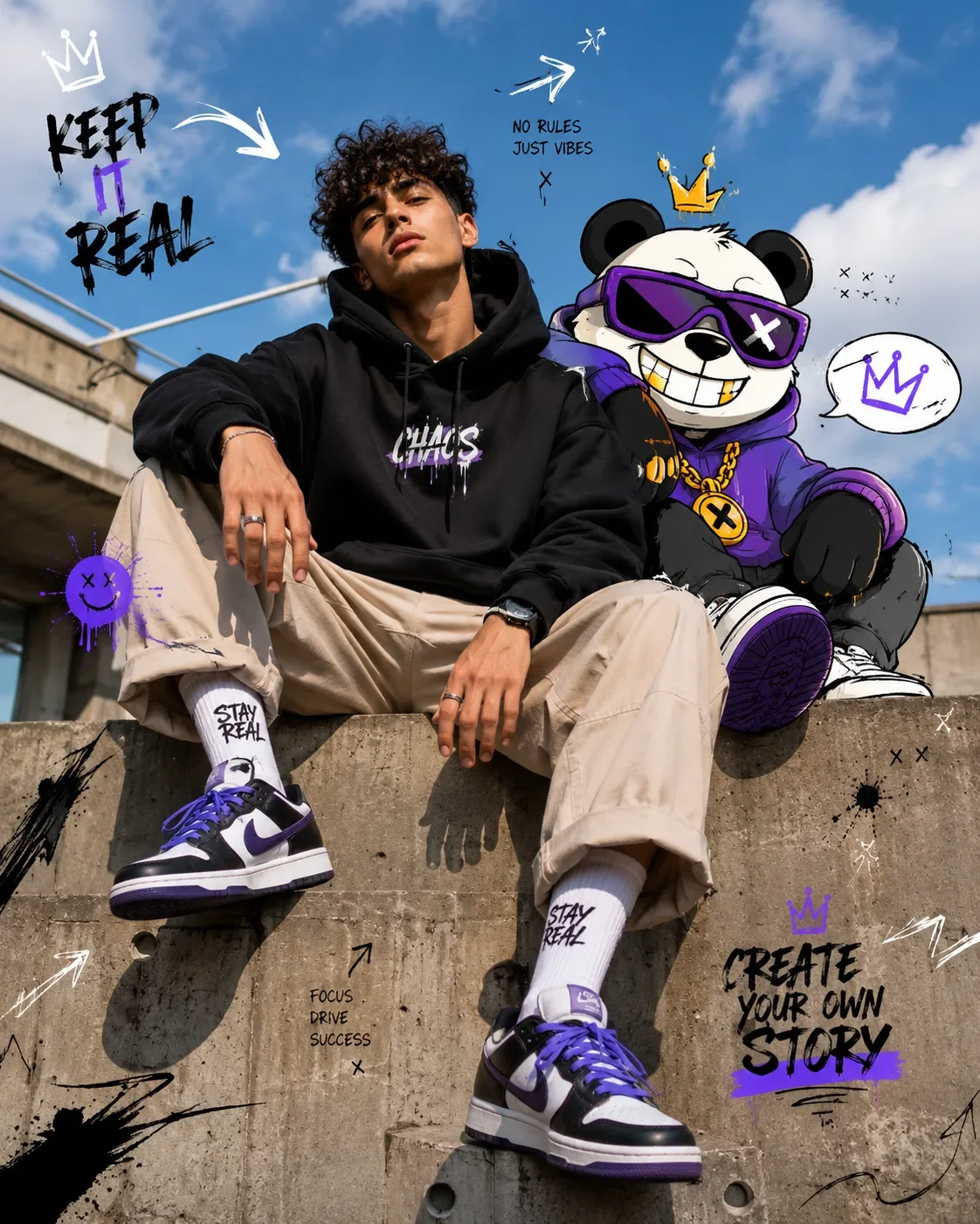 Cartoon Companion Editorial AI Prompt | Cinematic Streetwear Portrait with Stylized [ANIMAL] preview example result