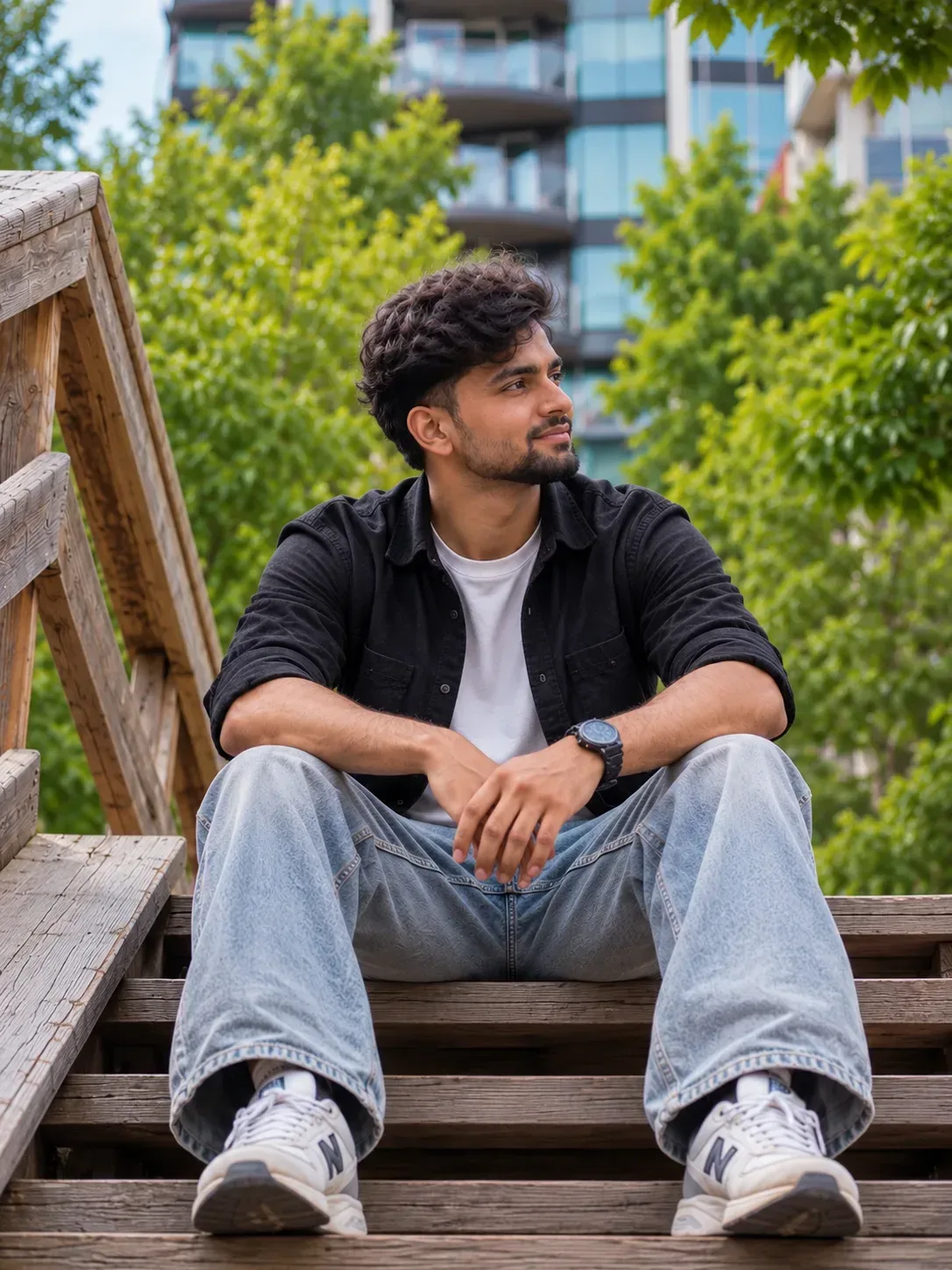 Casual Outdoor Male Streetwear Portrait Sitting On Wooden Steps AI Photo Prompt preview example result
