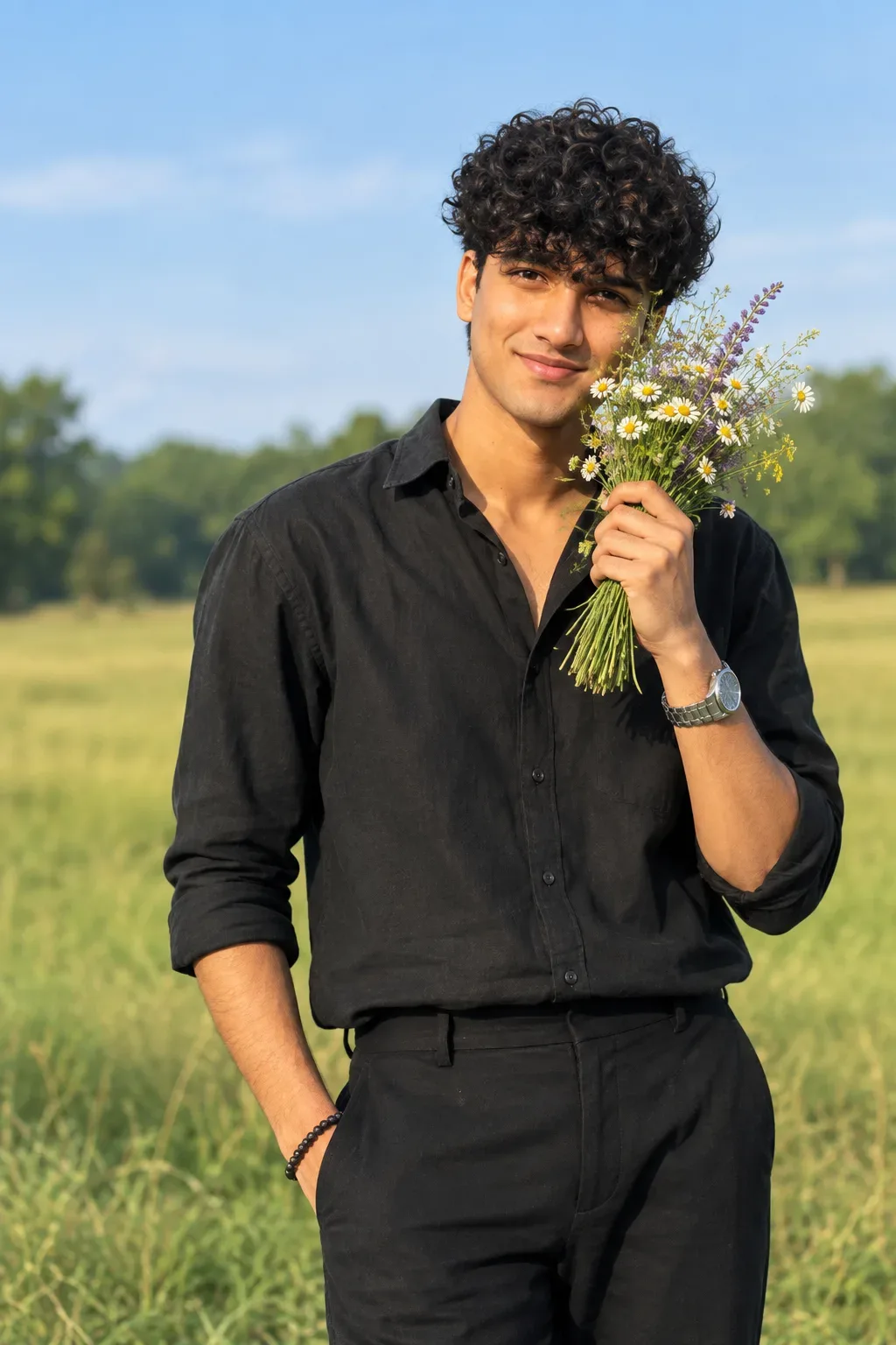 Charming Young Man With Wildflowers AI Photo Prompt preview example result