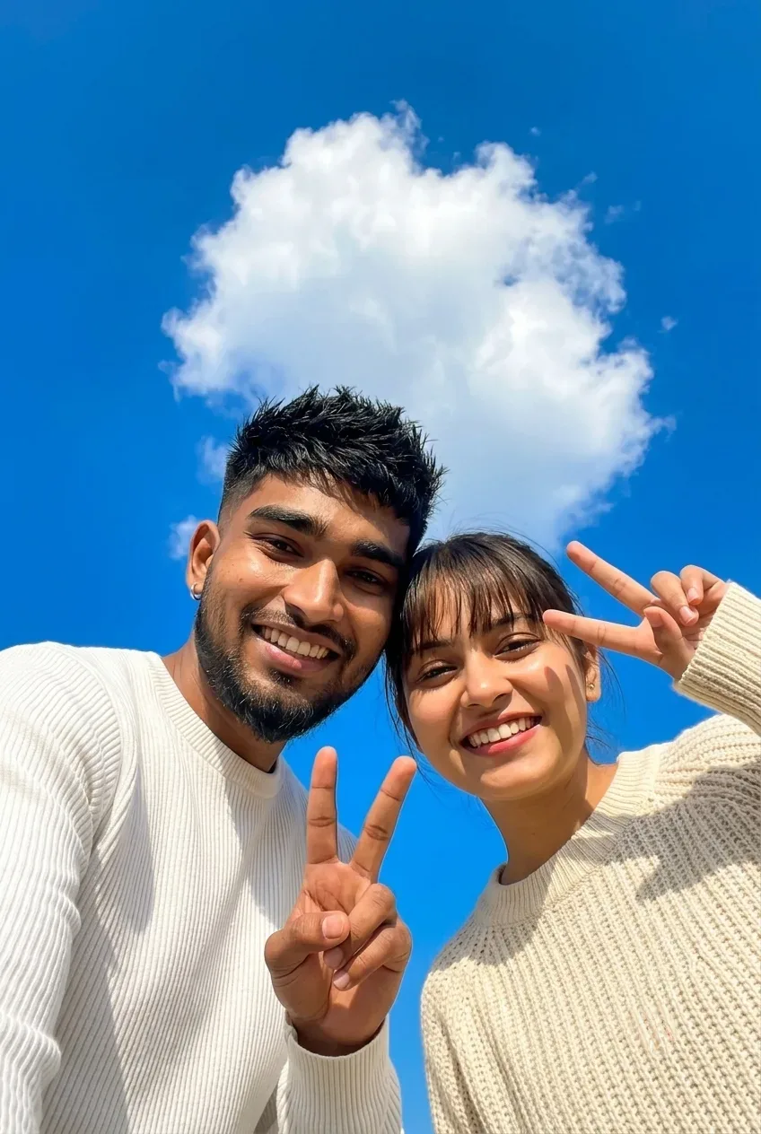 Cheerful Romantic Couple Low-angle Selfie With Peace Signs Under Blue Sky AI Photo Prompt preview example result