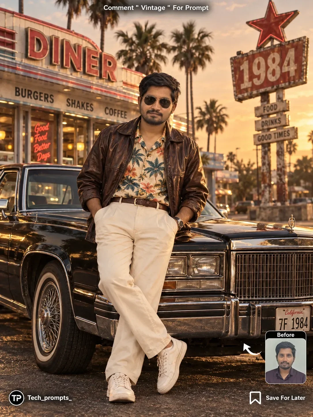 Cinematic-1980s-retro-diner-car-portrait Created By @tech_prompts AI Photo Prompt preview example result