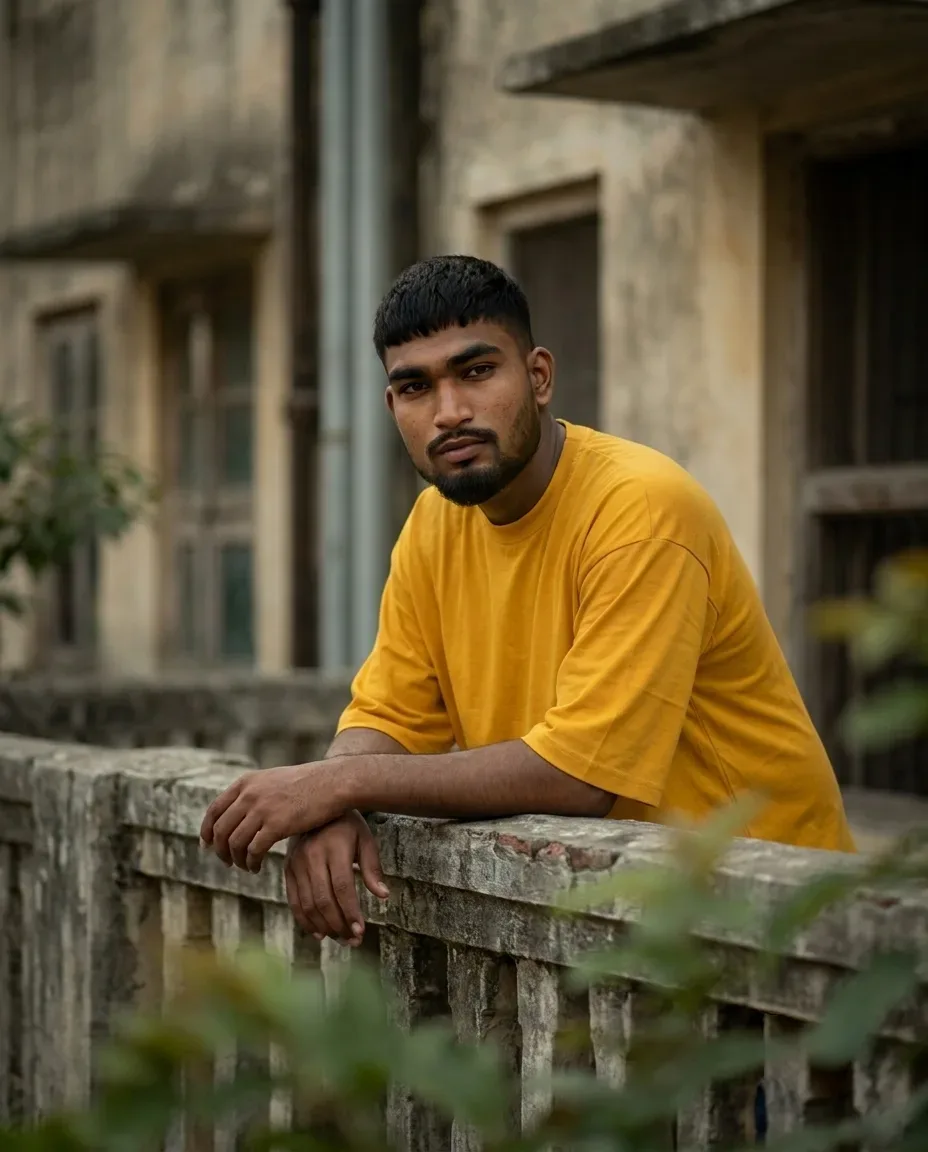 Cinematic Balcony Male Portrait In Mustard Yellow T-shirt AI Photo Prompt preview example result