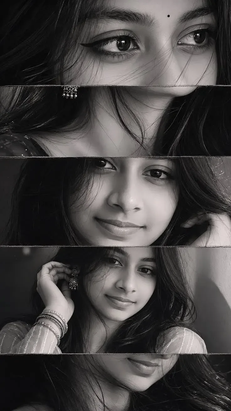Cinematic Black And White Stacked Filmstrip Collage Of A South Asian Woman With Expressive Eyes And Traditional Details AI Photo Prompt preview example result