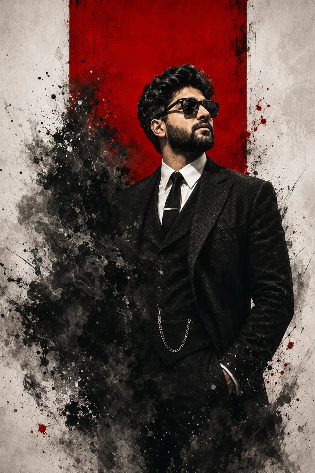 Cinematic Black Suit Portrait With Red And Black Abstract Background AI Photo Prompt preview example result