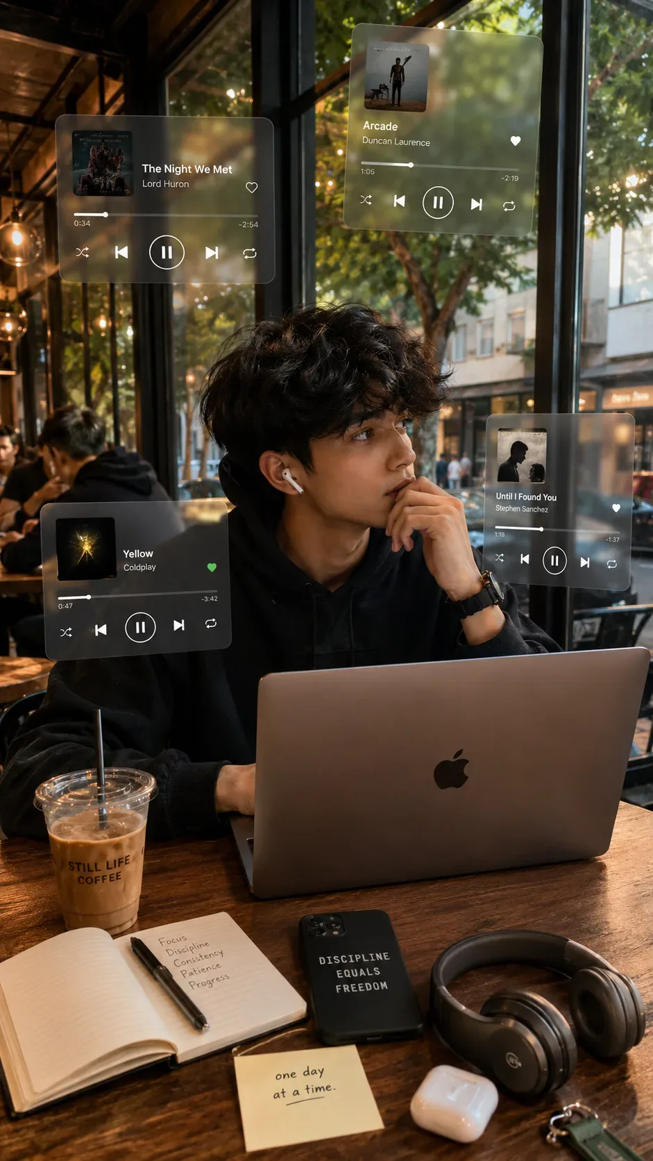 Cinematic Cafe Vibes Lost In Music AI Photo Prompt preview example result