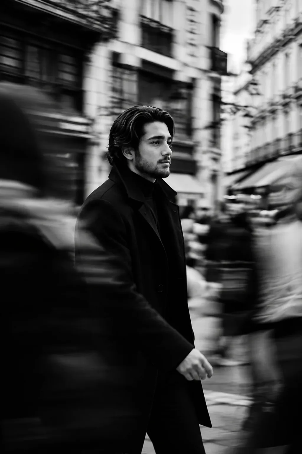 Cinematic Commuter Amid Motion Blur AI Photo Prompt preview example result