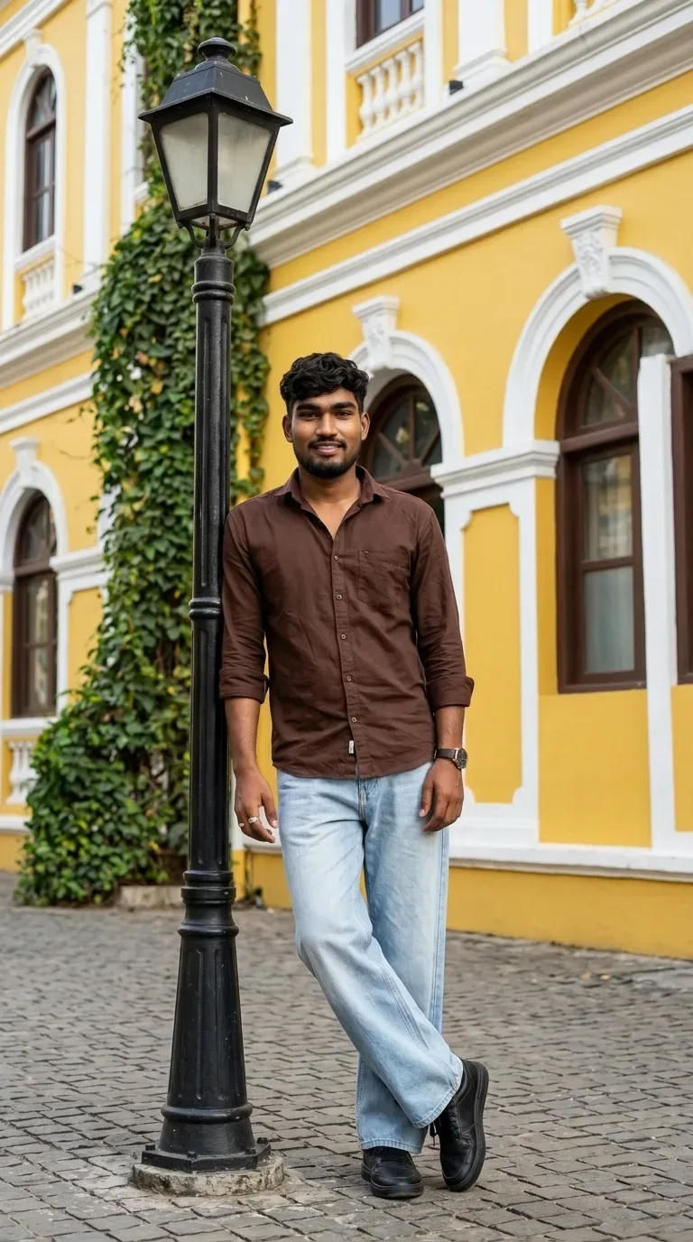 Cinematic European Street Male Portrait With Vintage Lamp Post AI Photo Prompt preview example result