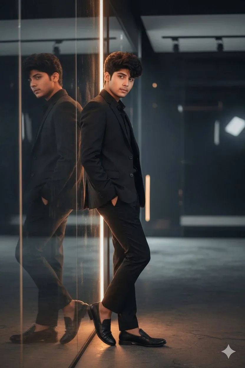 Cinematic Glass Reflection Portrait In Modern Dark Architecture AI Photo Prompt preview example result