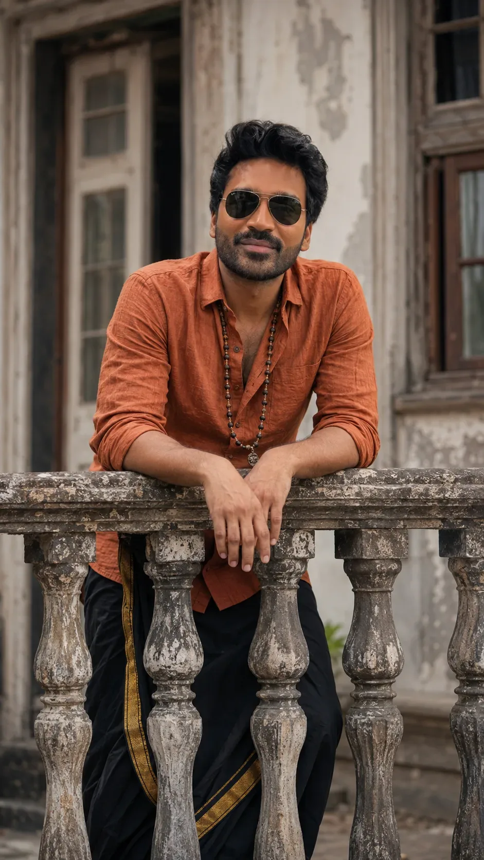 [cinematic Heritage] Rust Linen & Dark Dhoti: Vintage Balcony Portrait (9:16) AI Photo Prompt preview example result