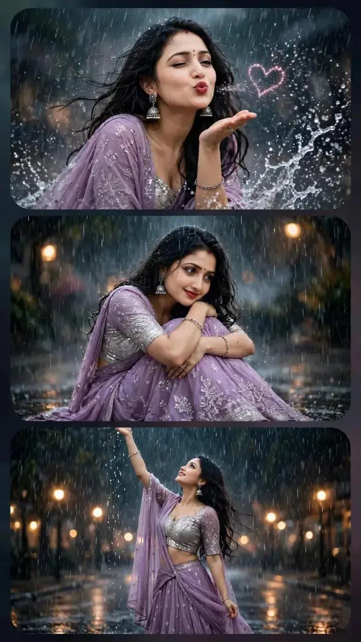 Cinematic Indian Woman In Purple Lehenga: Rain, Splashes, Heart Effect AI Photo Prompt preview example result
