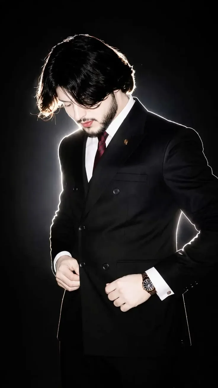 Cinematic Low-key Suit Studio Portrait AI Photo Prompt preview example result