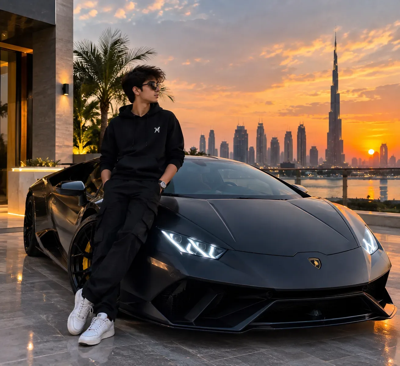 Cinematic Luxury Boy With Lamborghini Dubai Sunset AI Photo Prompt preview example result