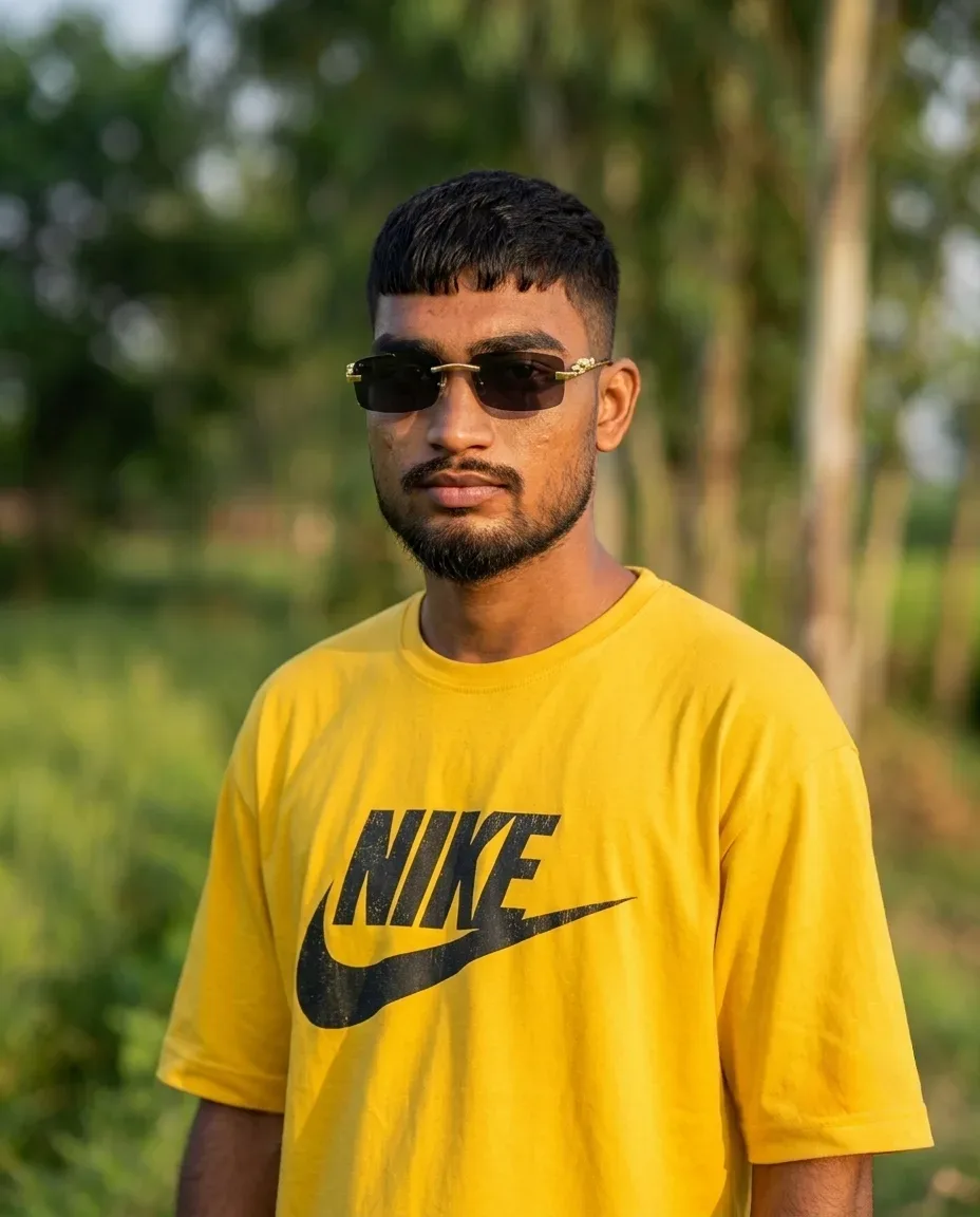 Cinematic Male Portrait With Sunglasses In Natural Greenery AI Photo Prompt preview example result