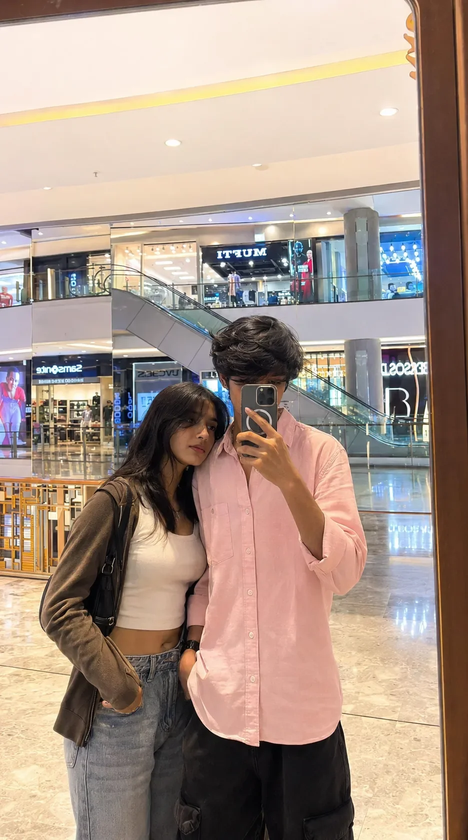 # **cinematic Mall Date Ultra-realistic Iphone Mirror Selfie AI Photo Prompt preview example result