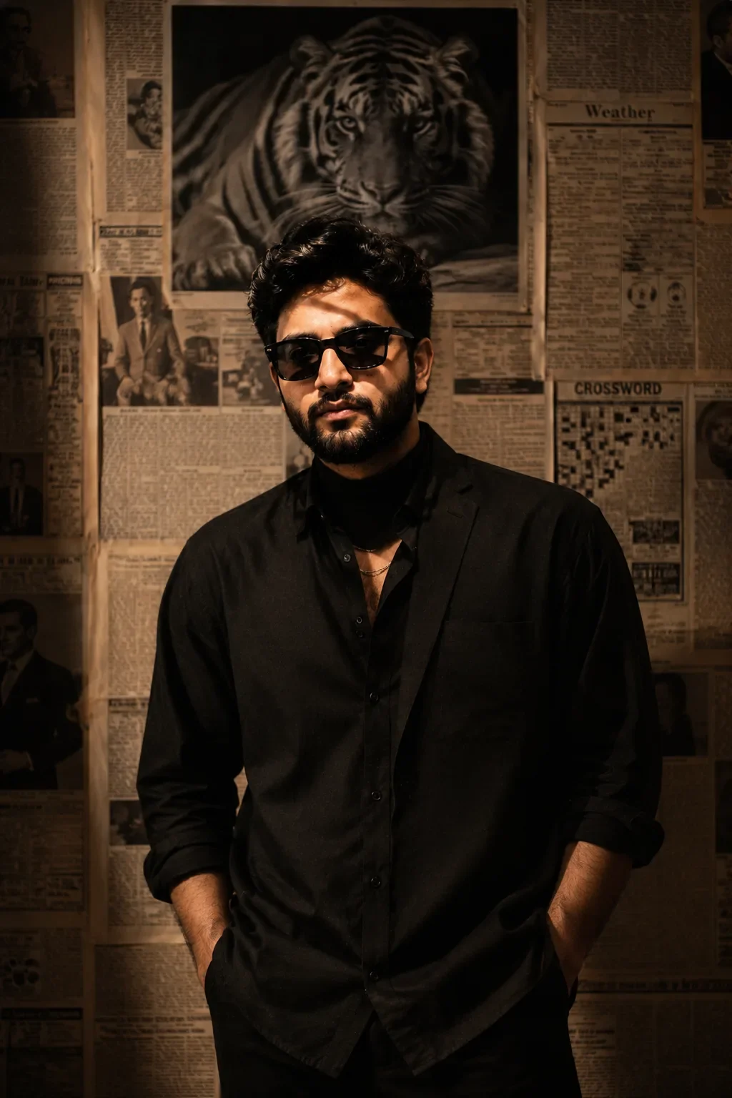 Cinematic Man In Black With Tiger Newspaper Background AI Photo Prompt preview example result