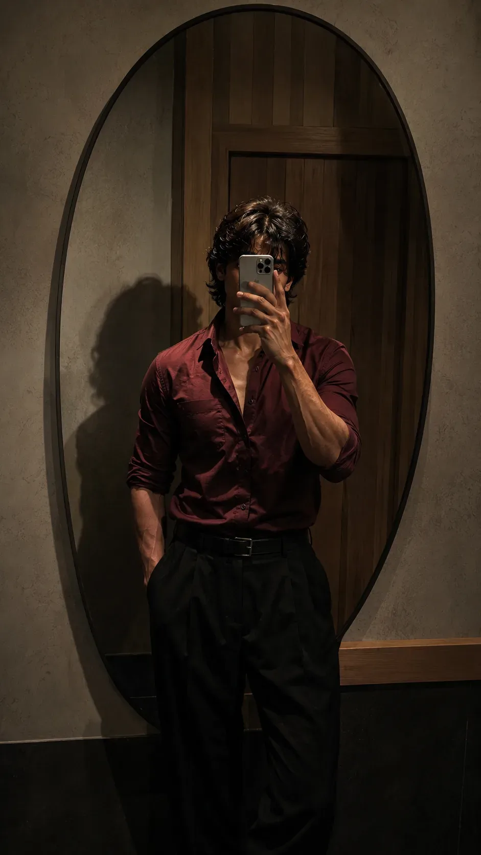 Cinematic Mirror Selfie Dark Editorial Style AI Photo Prompt preview example result
