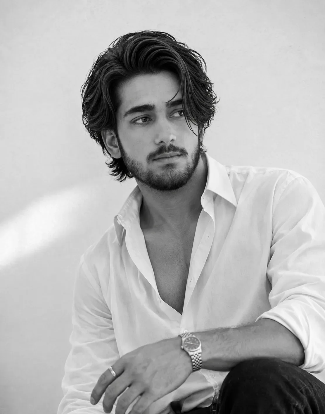 Cinematic Monochrome Portrait Of A Pensive Man AI Photo Prompt preview example result