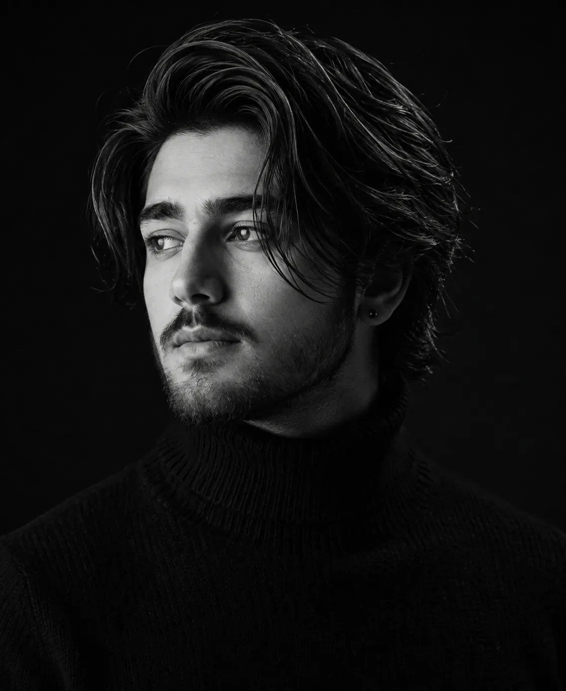 Cinematic Monochrome Turtleneck Portrait AI Photo Prompt preview example result