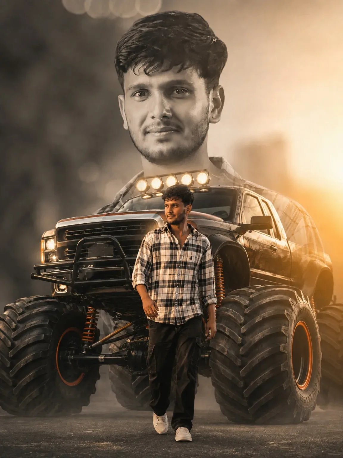 Cinematic Monster Truck Double Exposure Portrait AI Photo Prompt preview example result