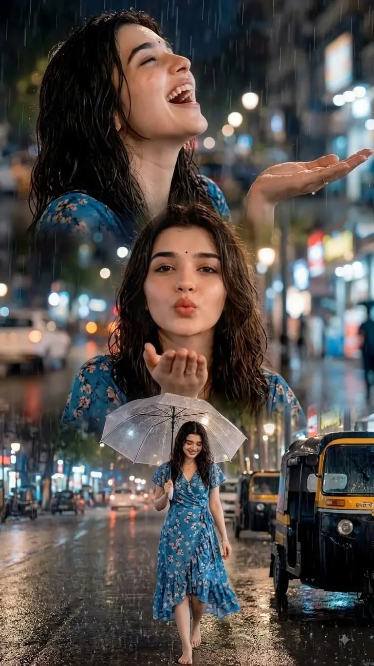Cinematic Multi-panel Portrait Of A Joyful Woman Enjoying The Monsoon Rain On A Bustling Indian City Street At Night AI Photo Prompt preview example result