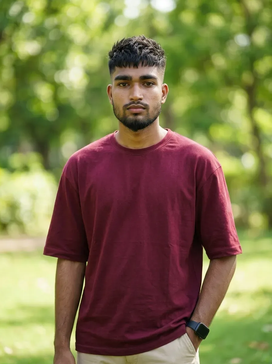 Cinematic Natural Daylight Male Portrait With Smartwatch & French Crop AI Photo Prompt preview example result