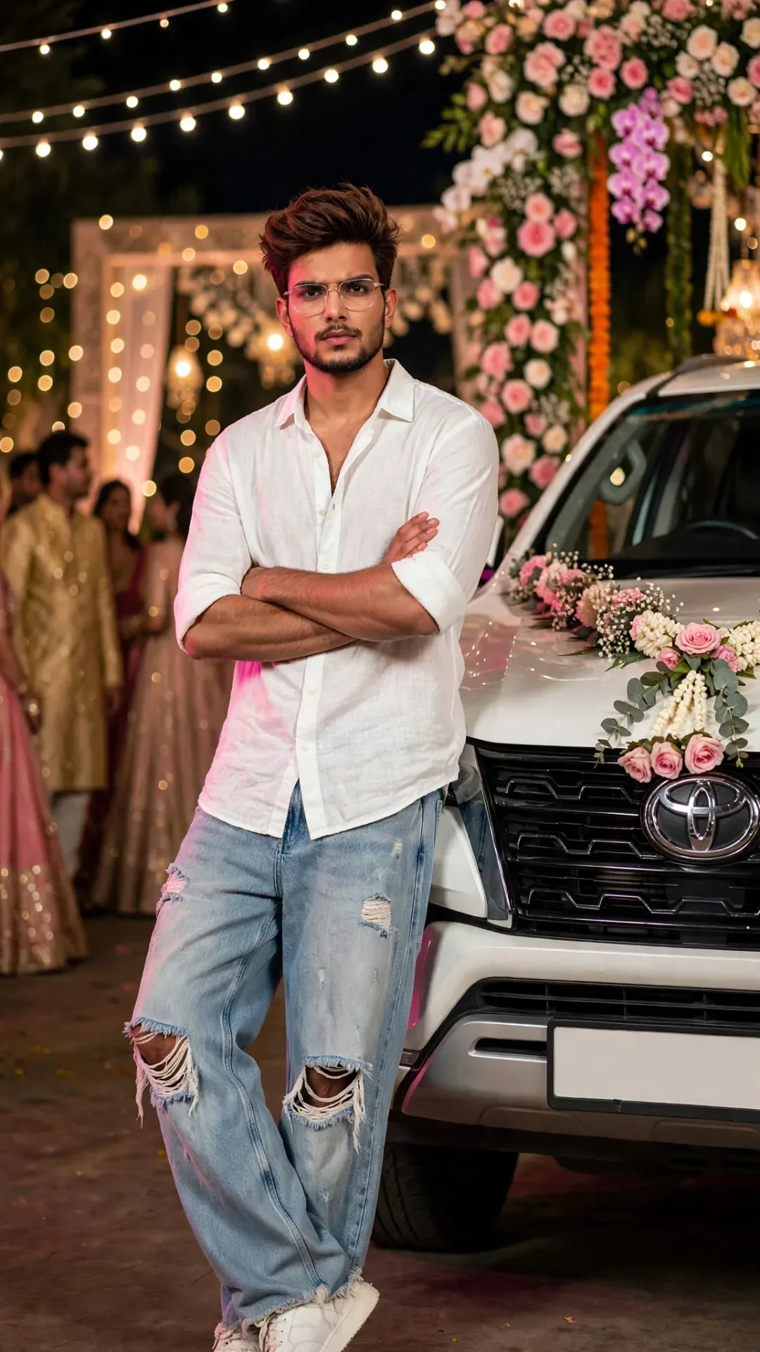 Cinematic Night Wedding Portrait Guy In White Shirt Leaning On Flower Decorated Toyota Fortuner AI Photo Prompt preview example result