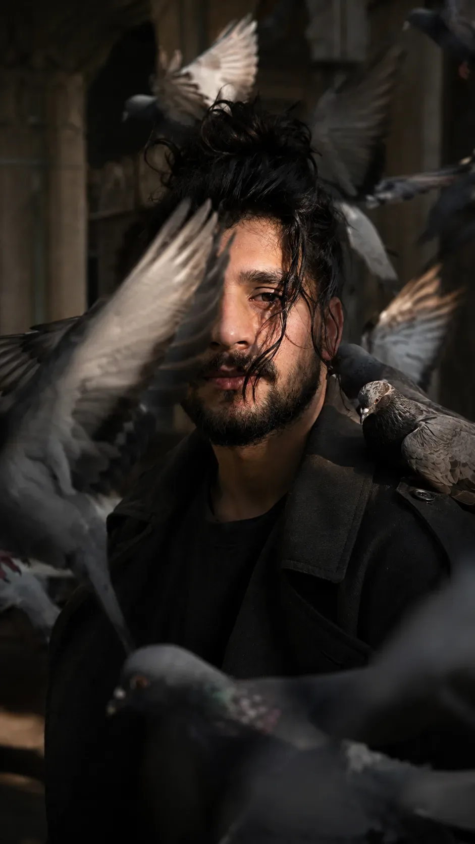 Cinematic Pigeon Portrait Dark Trench Coat Editorial With Moody Flight Photography AI Photo Prompt preview example result
