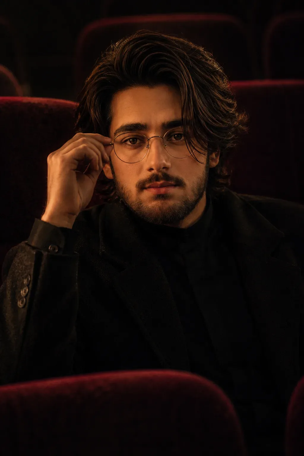 Cinematic Portrait Among Velvet Seats AI Photo Prompt preview example result