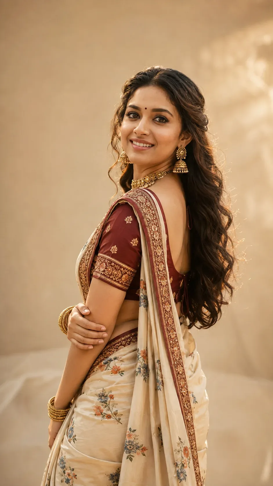 Cinematic Portrait Indian Woman In Ivory Saree AI Photo Prompt preview example result
