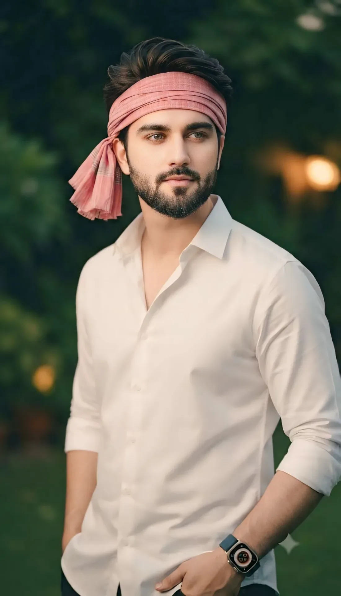Cinematic Portrait Of A Handsome Man In A Crisp White Shirt Wearing A Traditional Pink Gamcha Headband AI Photo Prompt preview example result