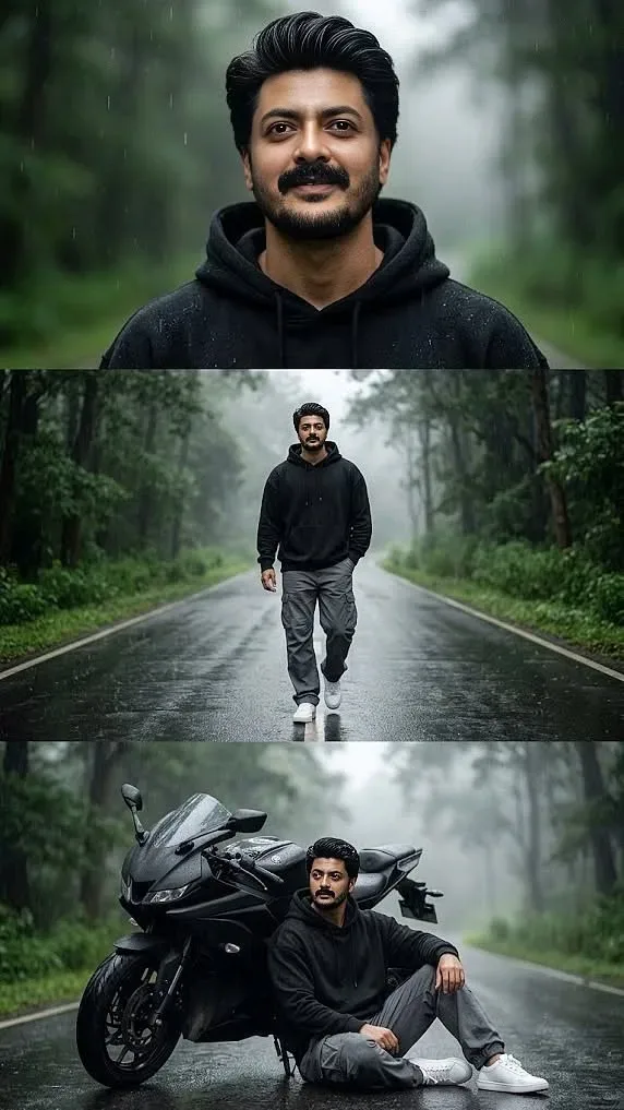 Cinematic Portrait Of A Man In A Black Hoodie On A Rainy Forest Road With A Sportbike AI Photo Prompt preview example result