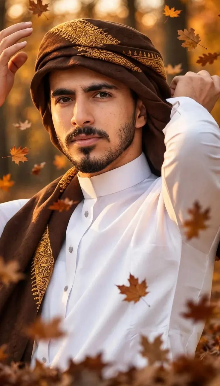 Cinematic Portrait Of An Arab Man In A White Thobe And Brown Embroidered Shemagh Posing Amid Falling Autumn Leaves AI Photo Prompt preview example result
