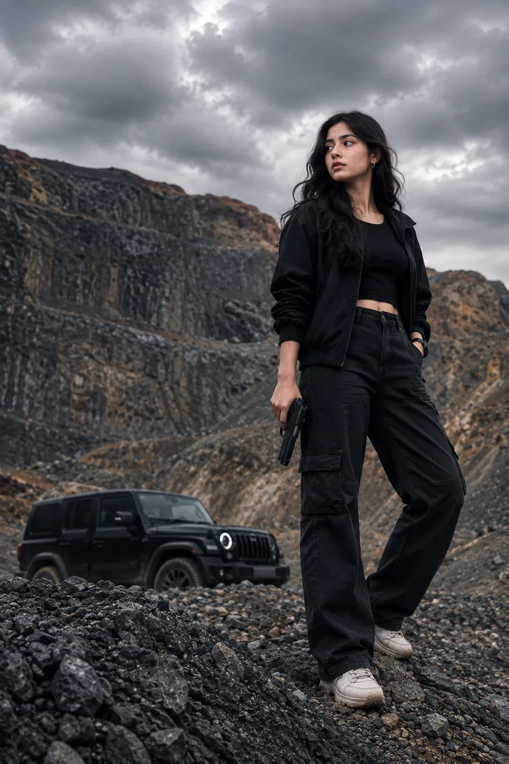 Cinematic Quarry Portrait With Dark SUV Rugged Editorial Photography AI Photo Prompt preview example result