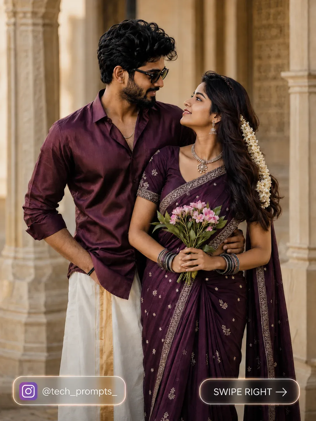 Cinematic Romantic Portrait South Indian Couple AI Photo Prompt preview example result