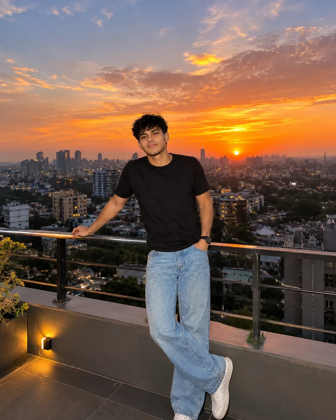 Cinematic Rooftop Sunset Portrait AI Photo Prompt preview example result