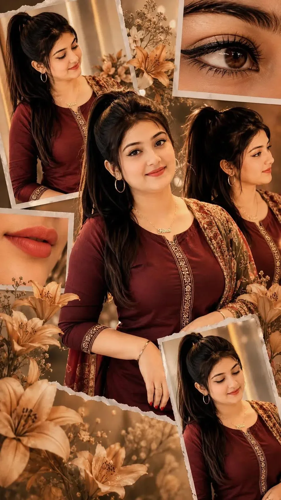 Cinematic Scrapbook Collage Of A Beautiful South Asian Woman In A Maroon Traditional Outfit With Floral Accents And Warm AI Photo Prompt preview example result