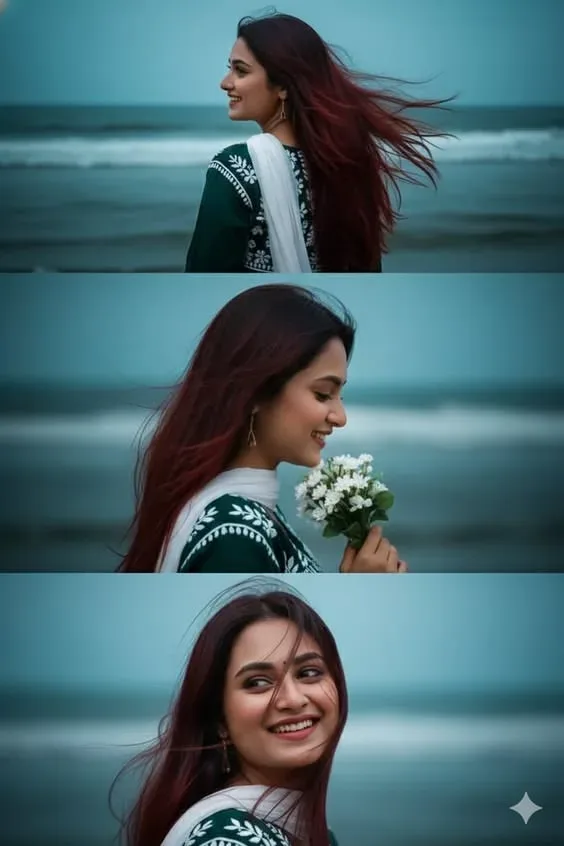 Cinematic Seaside Portrait Three-panel Coastal Elegance AI Photo Prompt preview example result