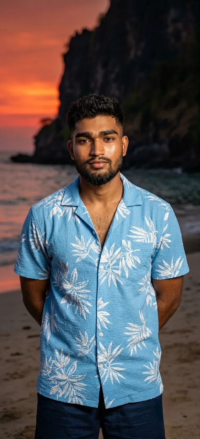 Cinematic Sunset Beach Male Portrait In Sky Blue Linen Resort Shirt AI Photo Prompt preview example result