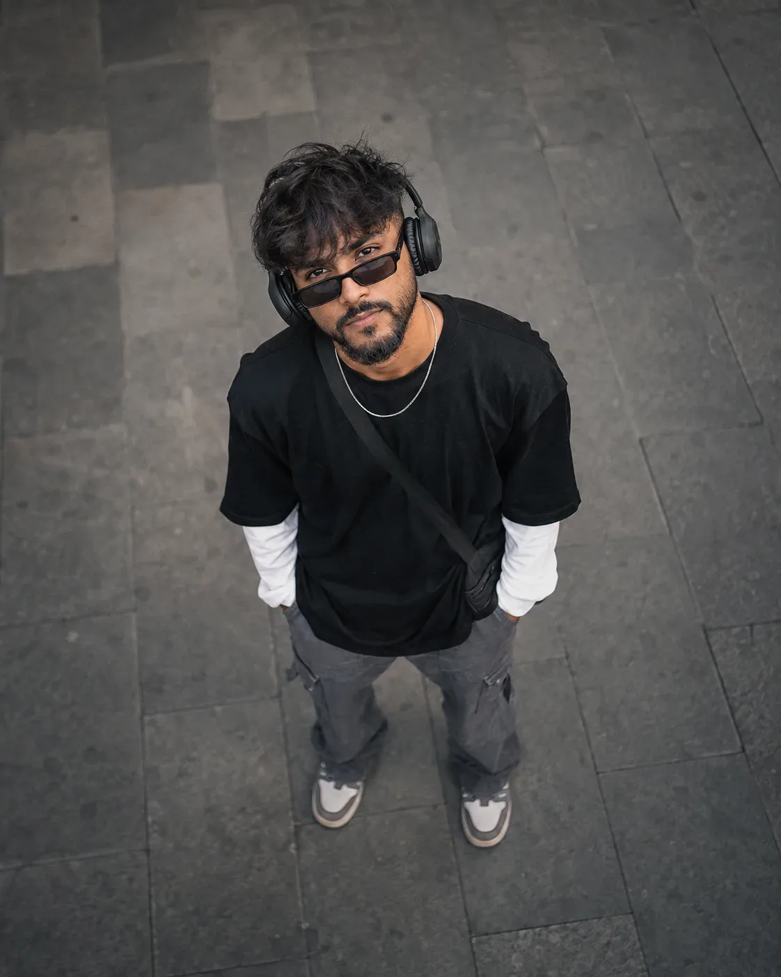 Cinematic Top-down Streetwear Portrait AI Photo Prompt preview example result