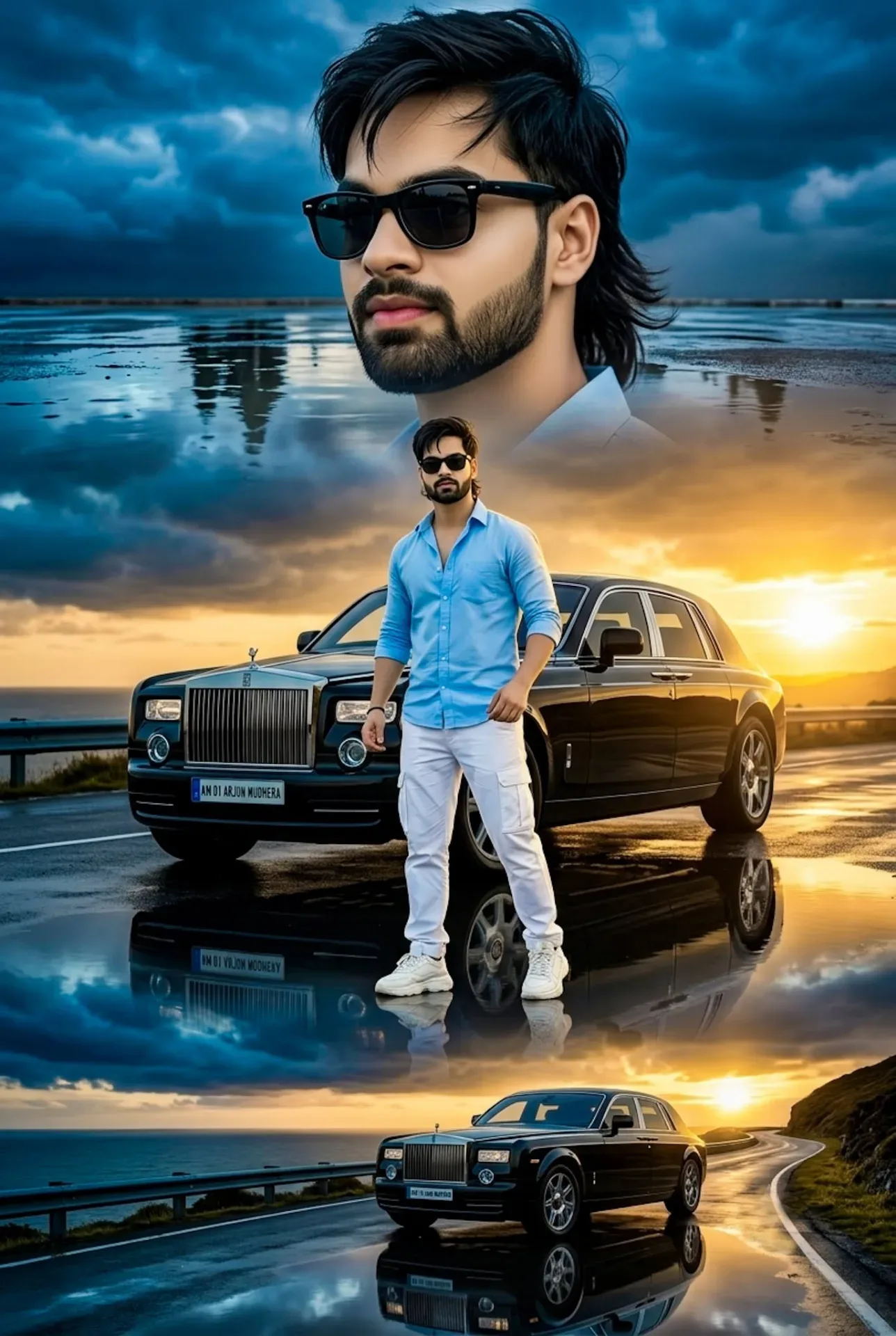 Cinematic Triple-composite Luxury Poster In Golden Hour Tones AI Photo Prompt preview example result