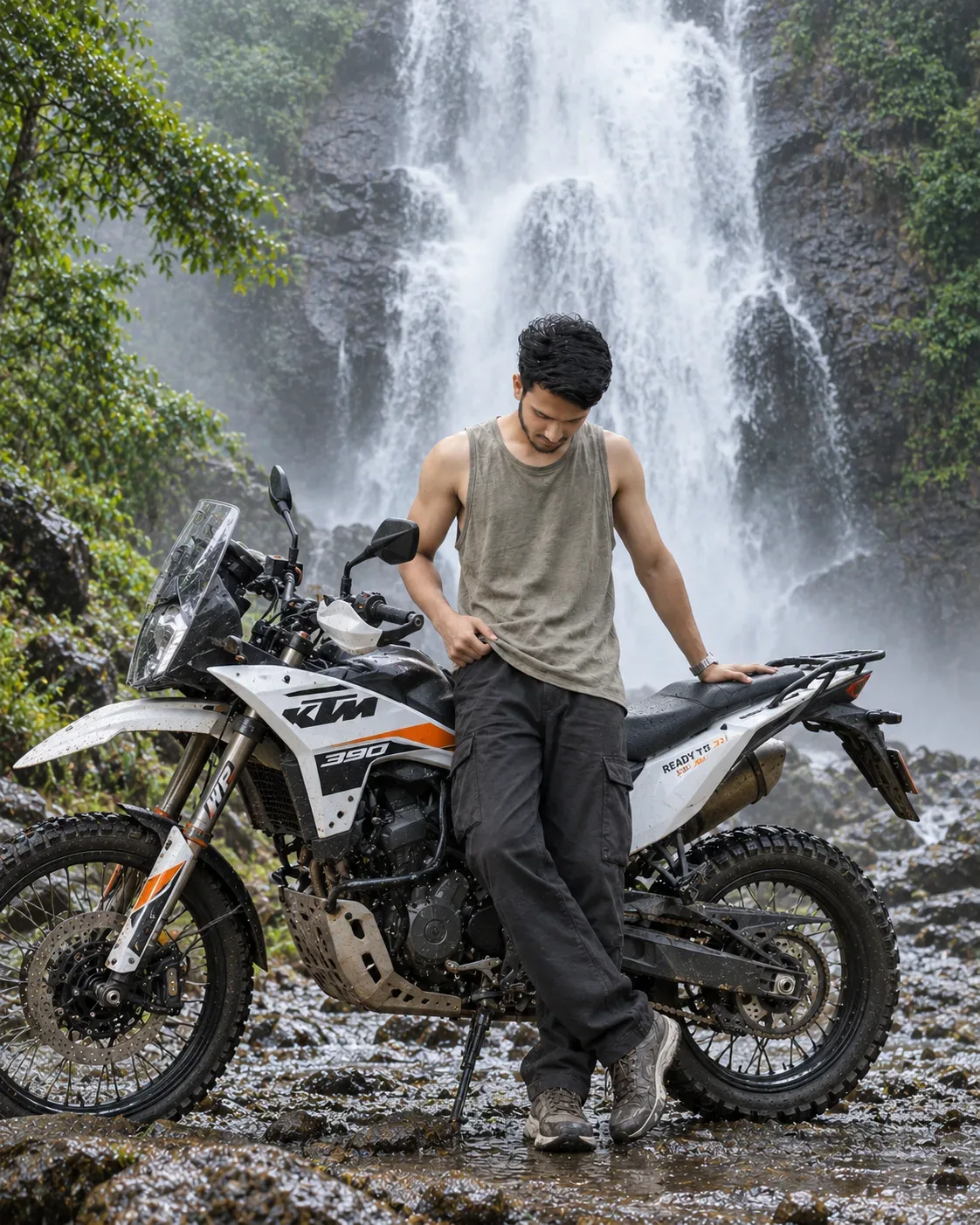 Cinematic Waterfall Off-road Motorcycle Portrait Exact AI Photo Prompt preview example result