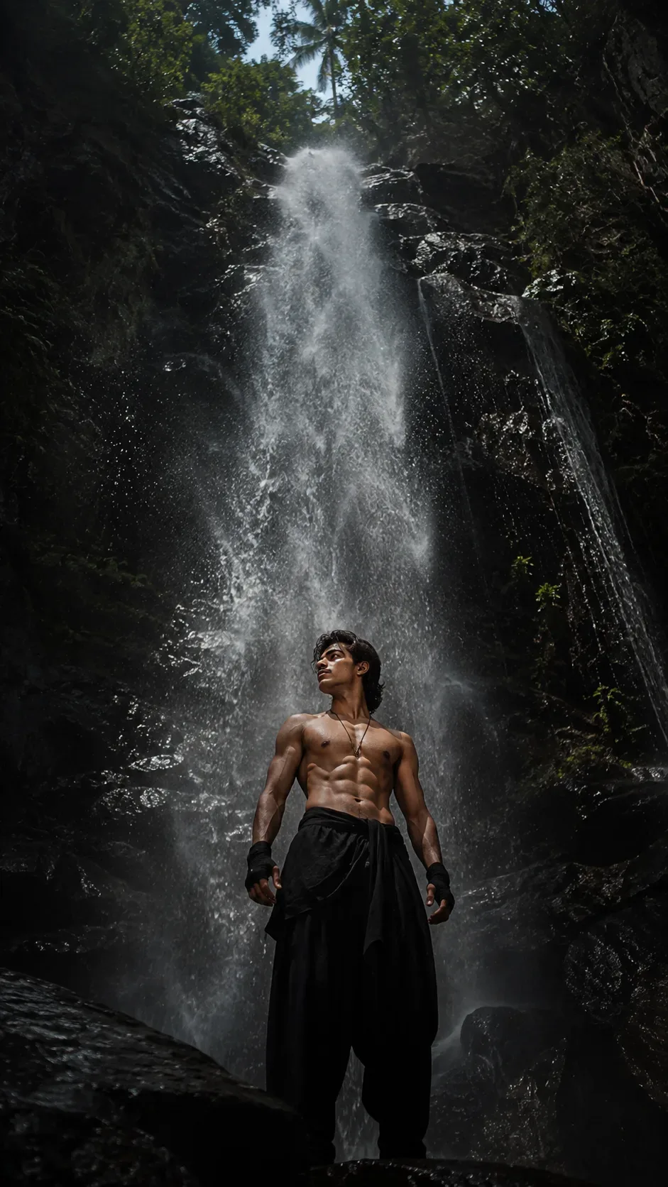 Cinematic Waterfall Warrior Portrait AI Photo Prompt preview example result
