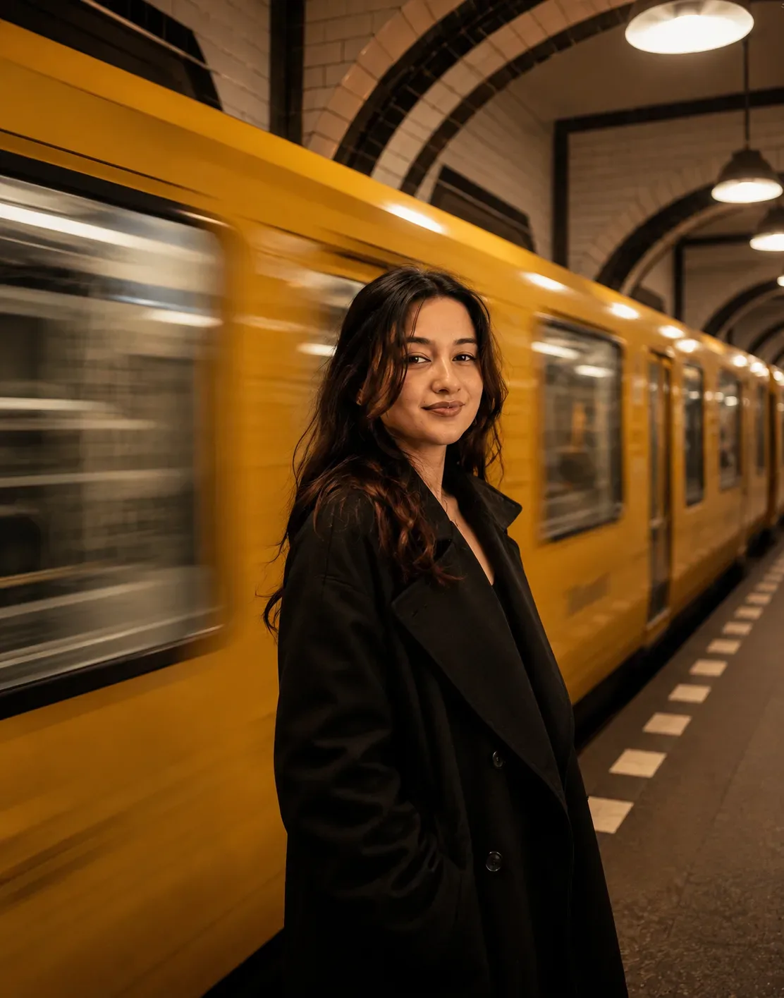 Cinematic Woman At A London Underground Station AI Photo Prompt preview example result