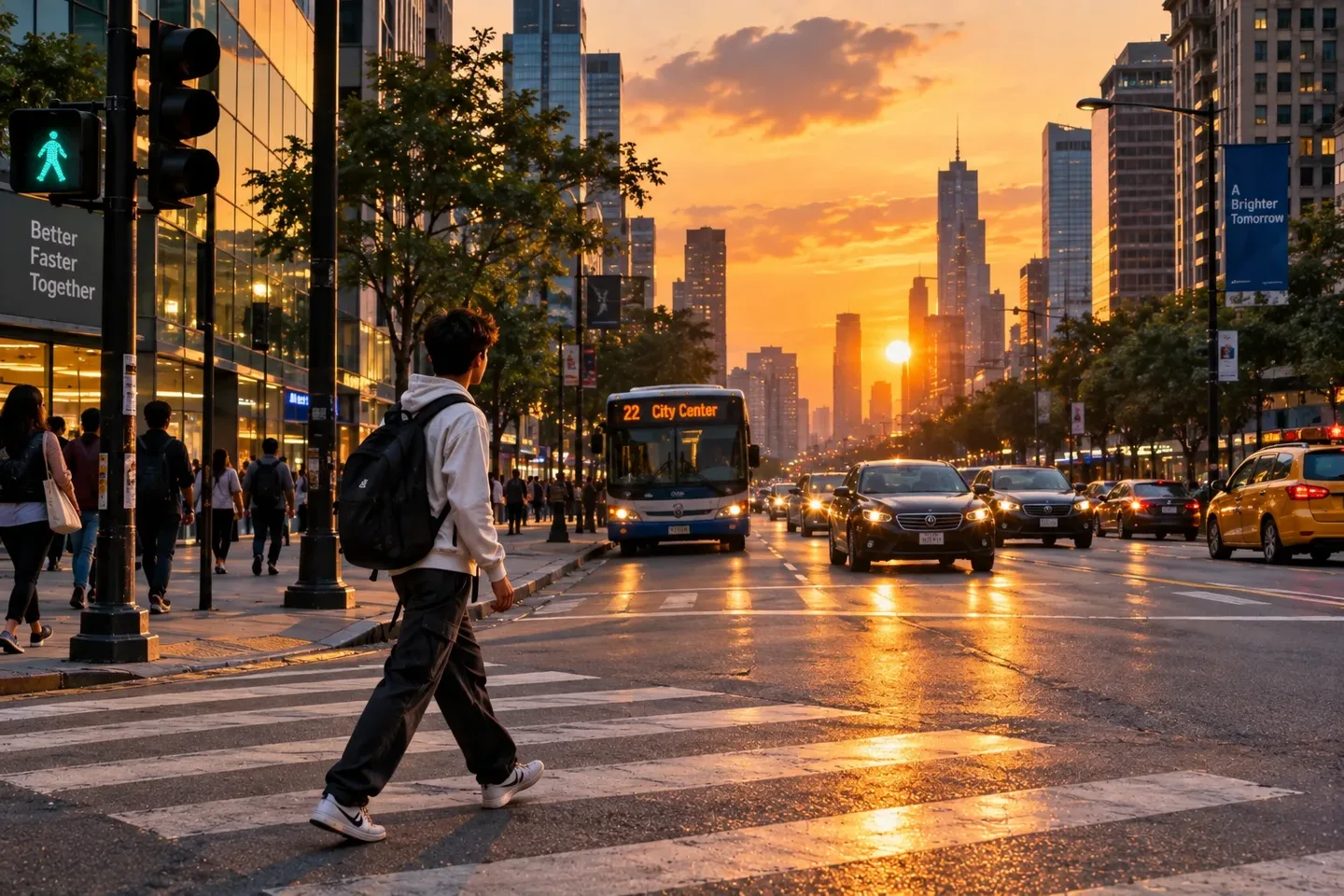City Crosswalk Golden Hour Urban Vibes AI Photo Prompt preview example result