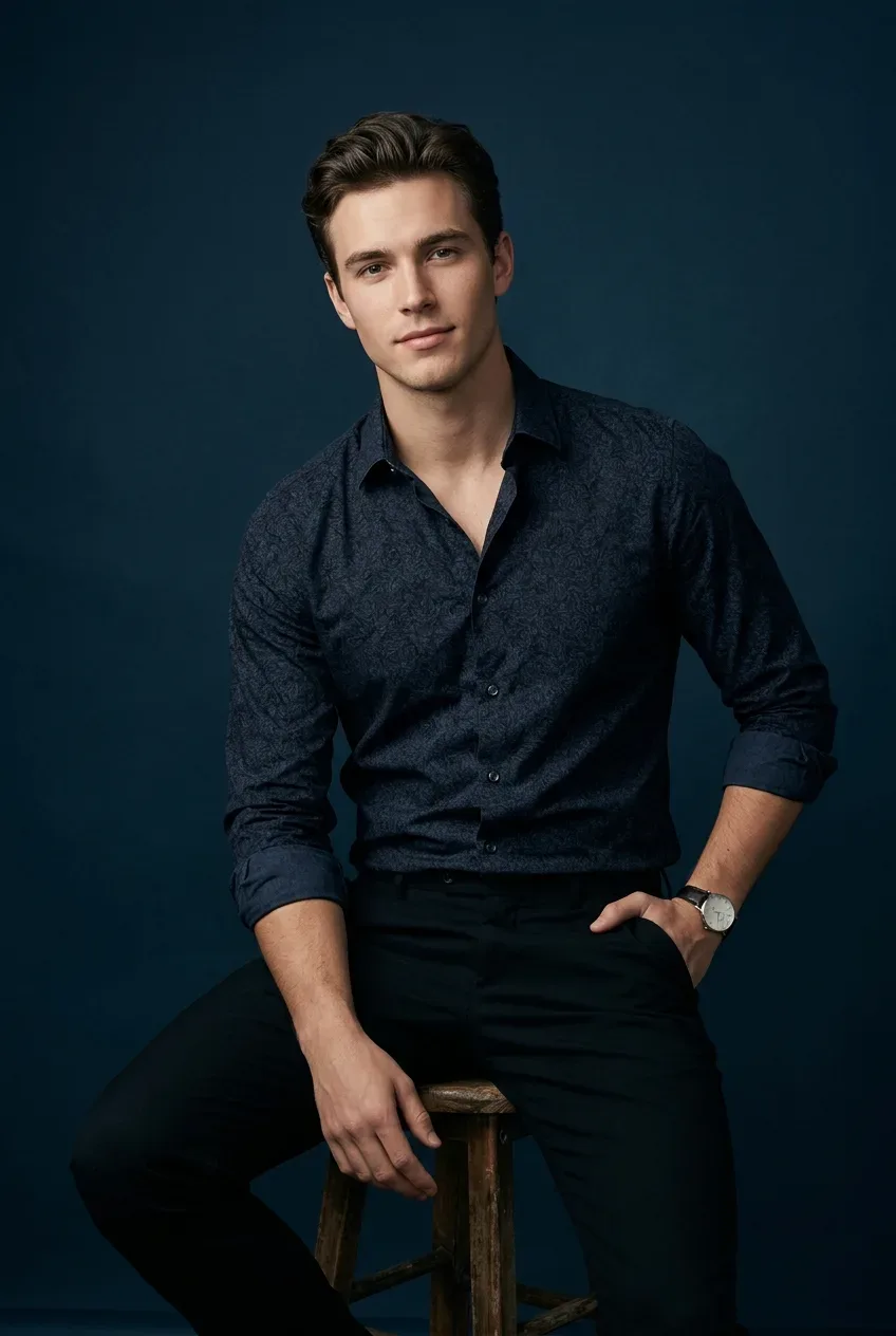 "classic Navy: A High-end Men's Fashion Portrait" AI Photo Prompt preview example result
