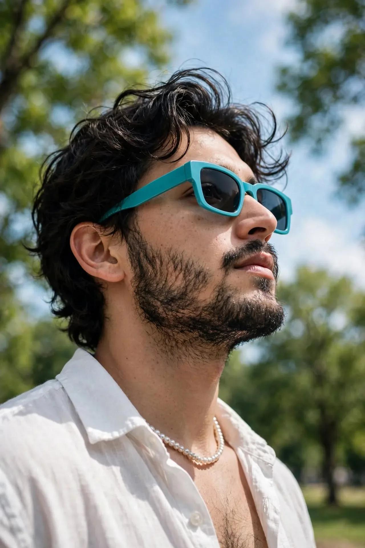 Close-up Low-angle Portrait Turquoise Sunglasses AI Photo Prompt preview example result