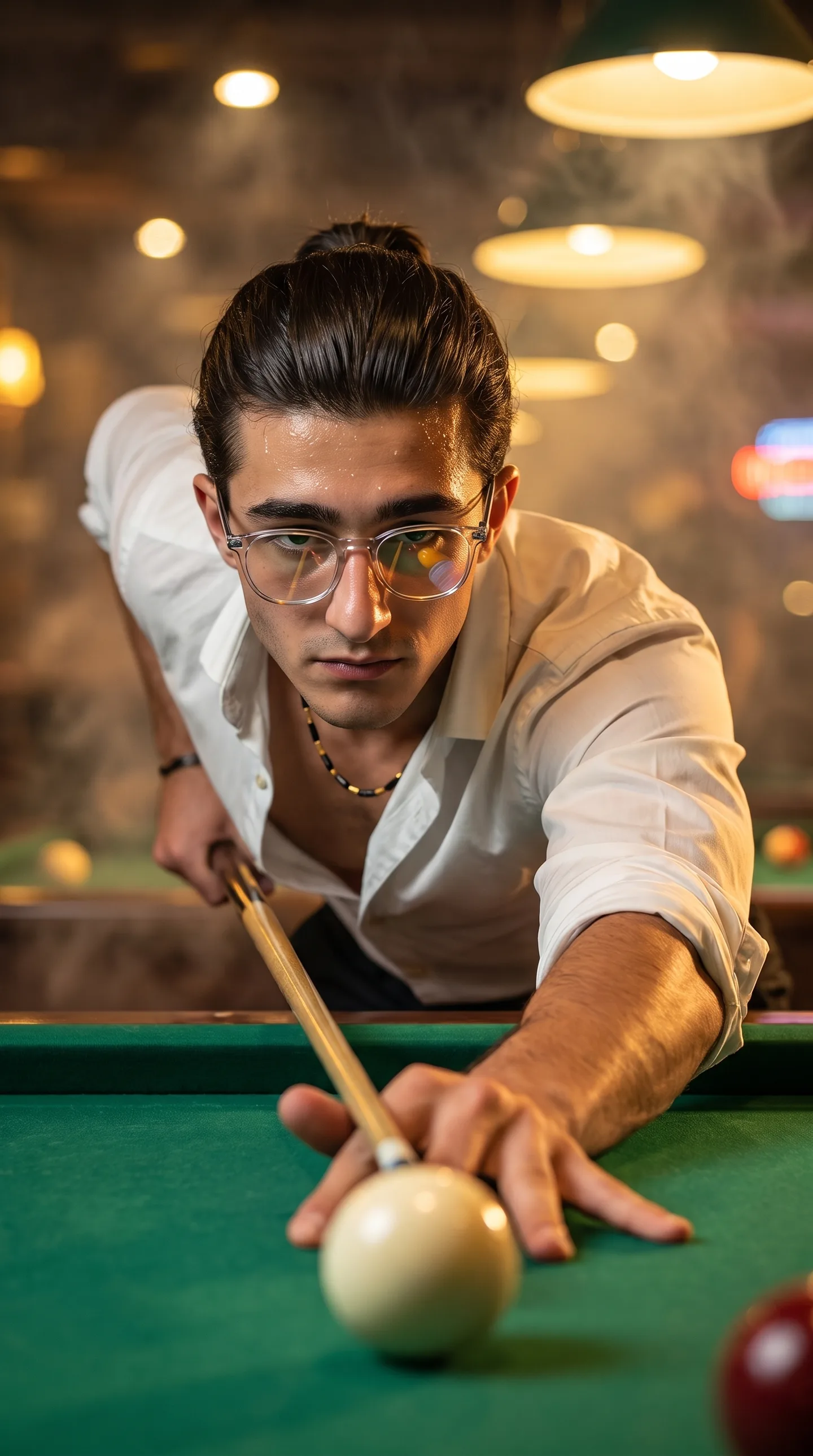 Close-Up Of A Man Taking A Billiards Shot AI Photo Prompt generated preview