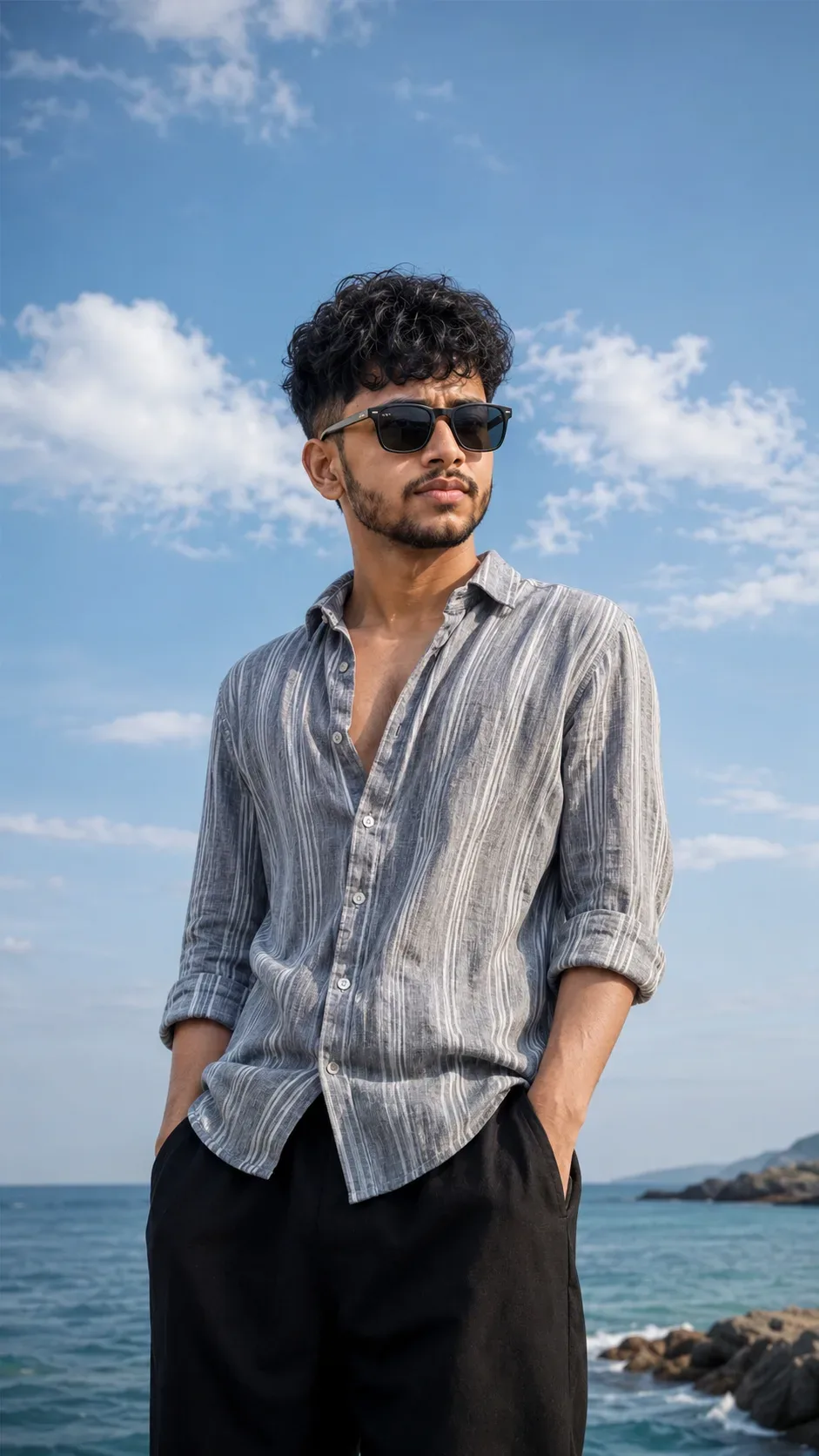 Coastal Low-angle Portrait AI Photo Prompt preview example result