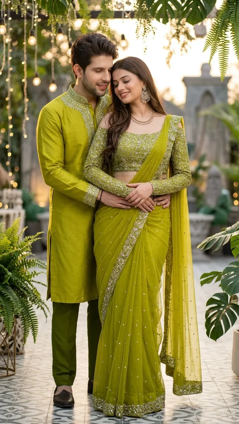 Colour Confidanted Olive Green Saree Couple Portrait AI Photo Prompt preview example result